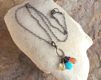 SUNSTONE , Rutilated QUARTZ, Sleeping Beauty TURQUOISE charm necklace sterling silver AngryHairJewelry, artisan handmade jewelry