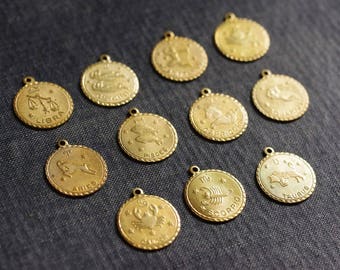 DESTASH - Zodiac Pendants Horoscope Charms - Raw Brass - Choose Your Sign - Astrological Sign Pendant, Horoscope Sign Charm, Zodiac Charm