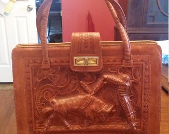 Vintage leather handbag tooled leather amazing