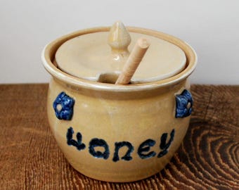 Ceramic Honey Pot Cream with Cobalt Flowers Wheel Thrown Stoneware Clay Pottery