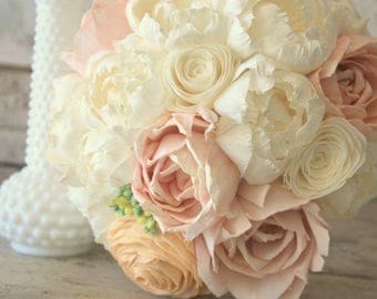 Peony wedding bouquet, sola wood flowers, ivory and blush pink wedding, wooden flowers, eco flowers, sola flower bridal bouquet, keepsake