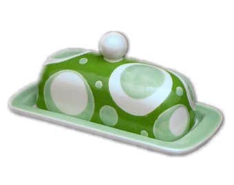 Butter Dish.Solid Green, Light Green, White Designed Knobbed Butter Dish.Green.Light Green.Circle.Handmade by Sara Hunter