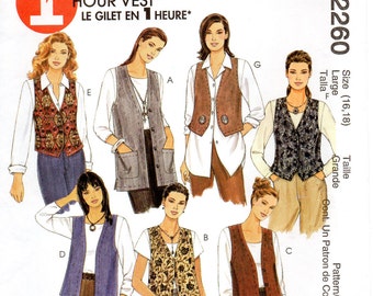 McCall's 2260 Misses Unlined Vests In Two Lengths Size 16,18 Uncut Pattern