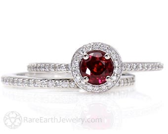 Ruby Engagement Ring and Wedding Band Ruby Ring Diamond Halo 14K or 18K Gold July Birthstone Bridal Set Red Gemstone Ring