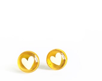 Yellow heart earrings | post glass earrings | handpainted by azurine