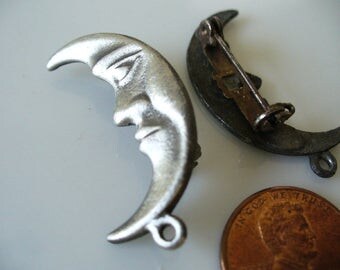 Vintage Moon Pendant Drop Pin, 1950s Nouveau Man in the Moon Crescent Pin, Raw Solid Die Cast Silver Jewelry Findings, 31mm, 1 piece Gbin