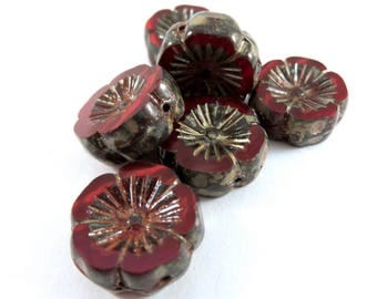 6 Red Czech Flower Bead Glass Picasso Opalite Hibiscus Flower Transparent 14mm - 6 pc - G6056-ROP6