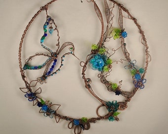 Copper HummingBird SunCatcher, Rustic, Garden Swing, Beaded, Lampwork Beads, Wire Wrapped, Flowers #52 by CC Design