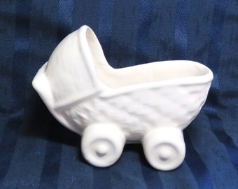 Vintage Haeger White Baby Buggy Carriage Pottery Planter Orig Foil Sticker 1940s