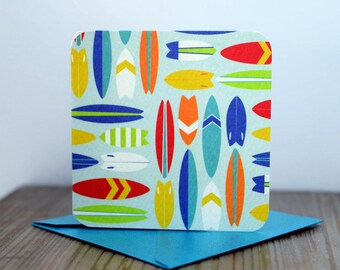 Blank Mini Card Set of 10, Mini Surfboards with Contrasting Pattern on the Inside, Sea Blue Metallic Envelopes, mad4plaid