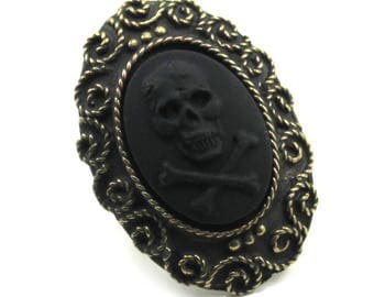 Gothic Skull Ring - Oversized Gothic Lolita Inspired Pirate Cameo Ring in Antiqued Brass with Solid Black Skull and Crossbones Cameo