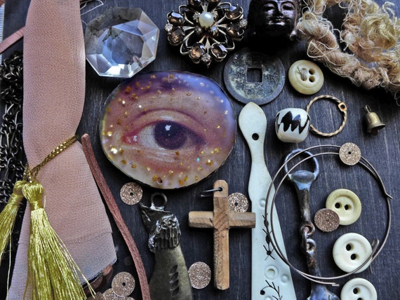 Rustic resin inspiration kit- bead soup junk lot assortment- Beige Lover’s Eye
