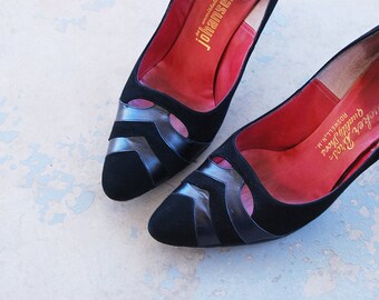 vintage 50s High Heels - Black Suede Leather Stilettos 1950s Shoes Sz 8 39