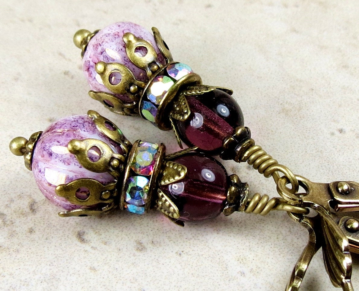 Purple Bead Dangle Earrings Rhinestone Glass Bead Drop