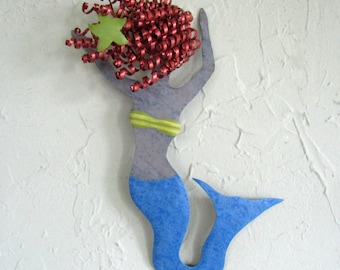 Metal Wall Art Dancing Mermaid Sculpture Recycled Metal Wall Marine Decor Redhead Cobalt Blue Beach House Coastal Bathroom Decor 8 x 12