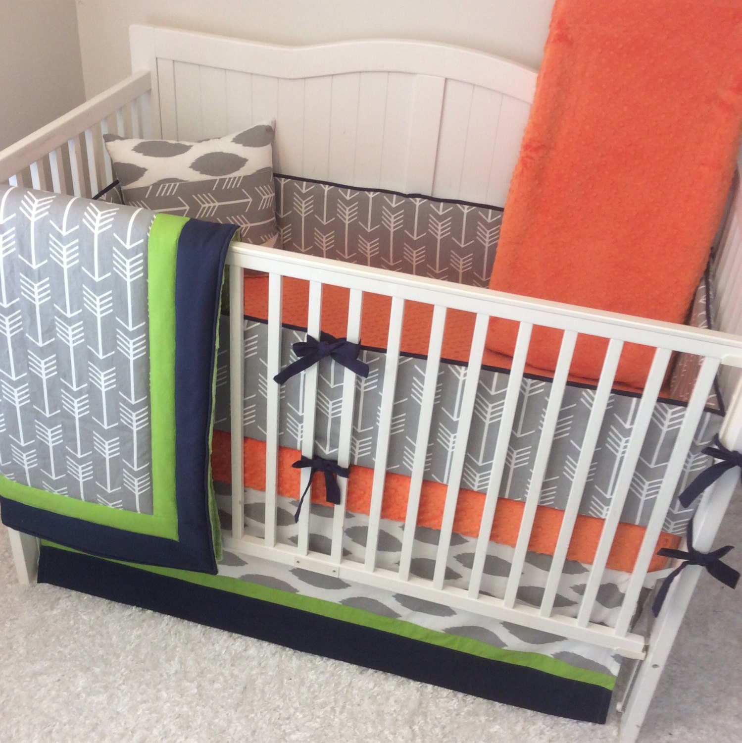 Baby Boy Crib Bedding Set Gray Navy Green Orange Arrows READY