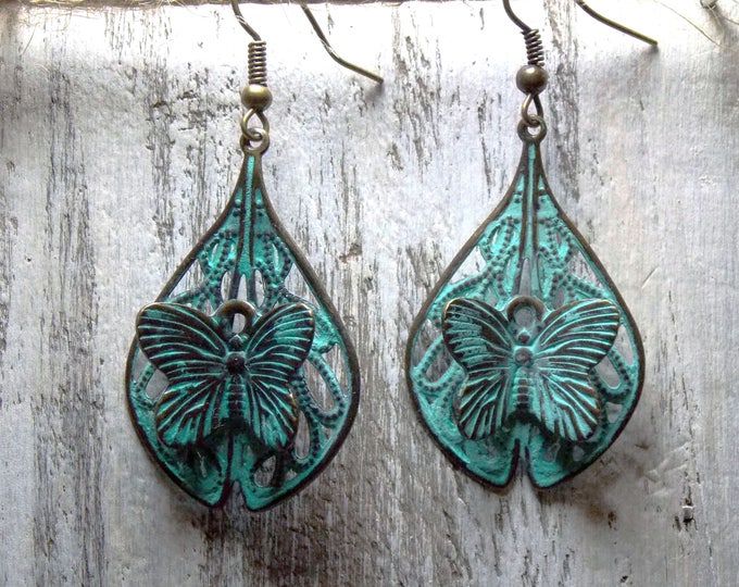 Butterfly Earrings Patina Blue Earrings Minimalist Jewelry