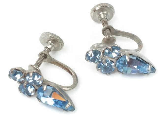 Light Blue Rhinestone Earrings Petite Screw Back Vintage