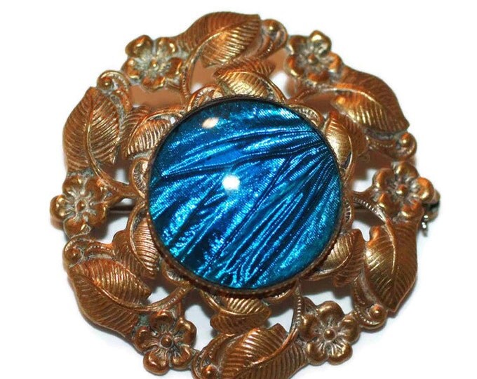 Morpho Butterfly Wing Brooch Brass Setting Floral Design Older