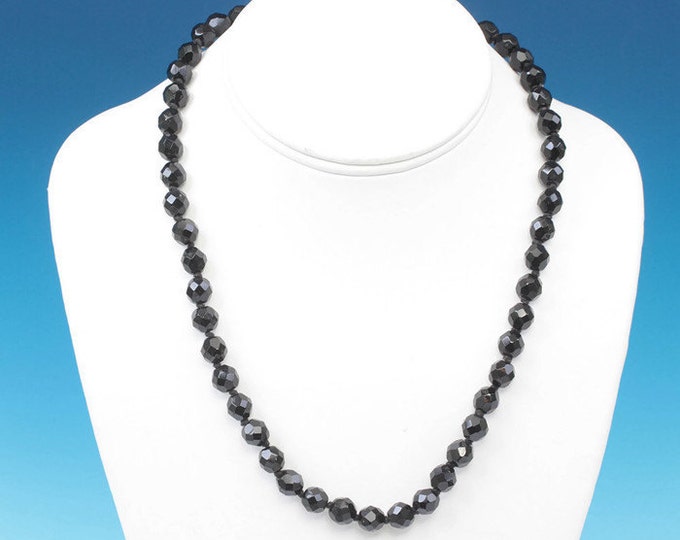 Faceted Black Glass Bead Necklace 19 Inches Fancy Clasp