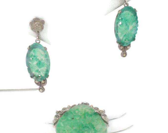 Peking Glass Pendant Earrings Marcasites Sterling Art Deco Vintage