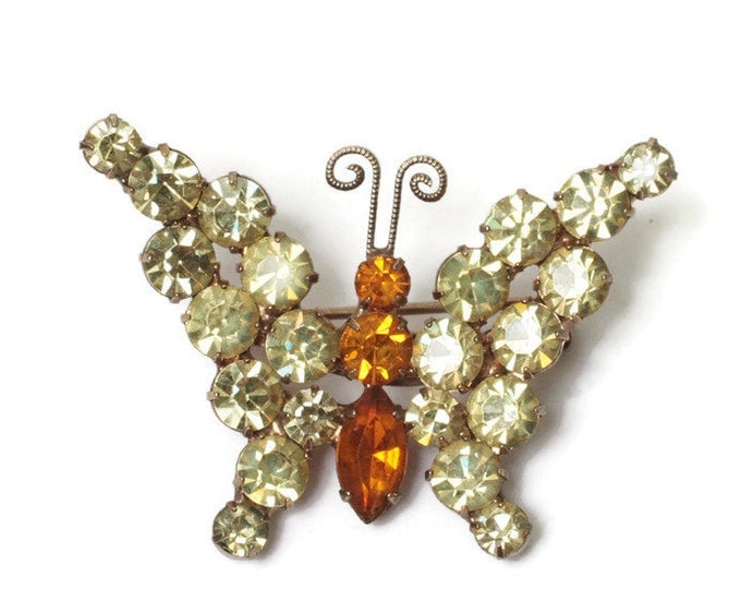 Yellow Rhinestone Butterfly Pin Orange Stones Smaller Brooch Vintage