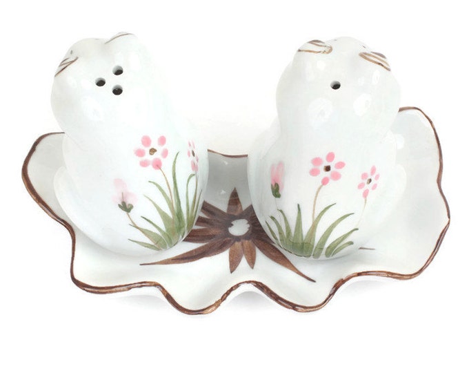 Ceramic Frog Salt and Pepper Shakers Lily Pad Flower Accents