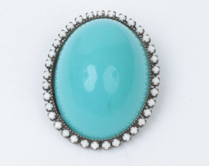 Domed Turquoise Lucite Brooch White Milk Glass Bead Accents Larger Vintage Pin