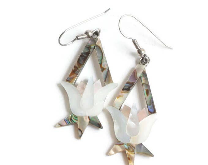 MOP and Abalone Dangle Earrings Tulip Floral Design Mexico Vintage