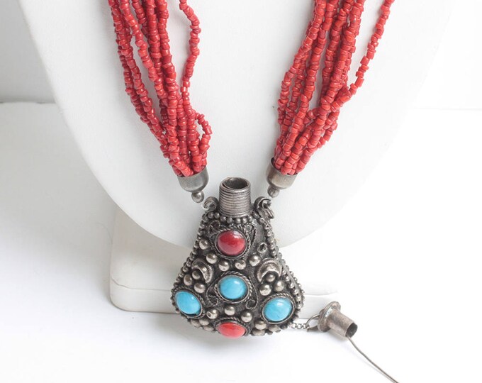 Boho Tribal Perfume Pendant Necklace Coral and Turquoise Glass Beads