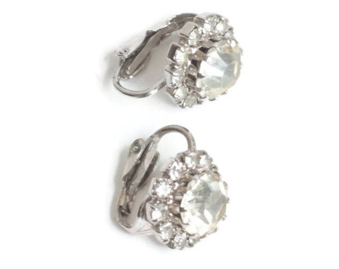 Clear Crystal Halo Earrings Clip On Smaller Size Vintage