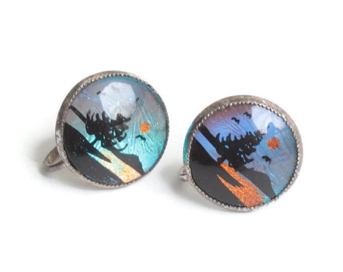 Butterfly Wing Earrings Lake Mountain Scene Screw Back Vintage