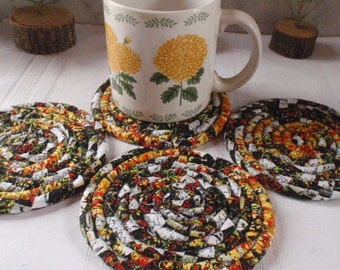 Absorbent Coiled Fabric Coasters - Set of 4 for Kitchen, Entertaining, Hostess Gift, Handmade by Me