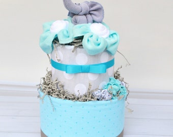 Elephant Diaper Cake, Elephant Baby Shower, Elephant Baby Shower Decoration, Neutral Elephant Shower, Baby Shower Centerpiece, Aqua & Gray