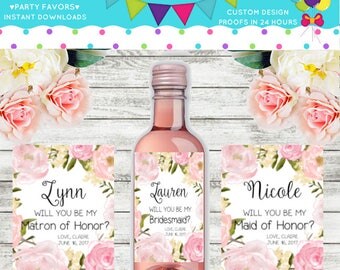 Wedding Bridal Shower Party Mini Wine Bottle Labels, Customized - Black-White-Pink Roses, Mini Bottle Labels - DIY Print, Printable PDF