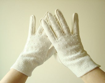 Vintage beaded gloves, bridal gloves, white cotton gloves, size 7.5 like-new, British Crown Colony of Hong Kong, 1950-1960s