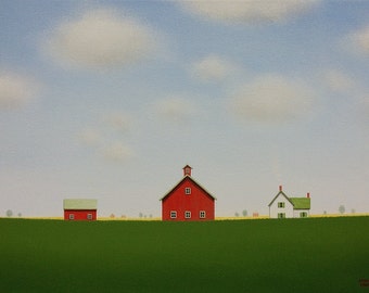 Red BARN Painting Old Farmhouse PAINTING 12 x 16" Farm Painting Original Farm Landscape Painting Folk Art Painting Old Red Barn Painting