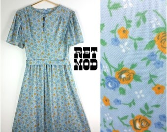 60s does the 40s! Vintage Pastel Blue Dress with Golden Yellow Flowers - Casual Day Dress!