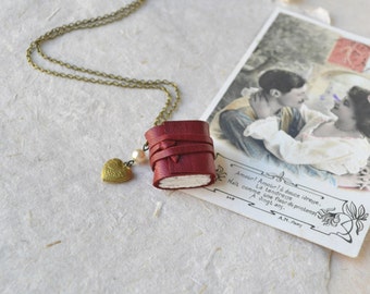Red Leather Book Necklace with Heart Locket