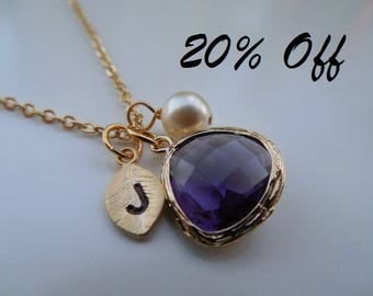 20% off - Bridesmaid Gift, Gold or Silver Amethyst Necklace, February Birthstone Necklace with Initial Leaf, Jewel, Pearl, Birthday Gift