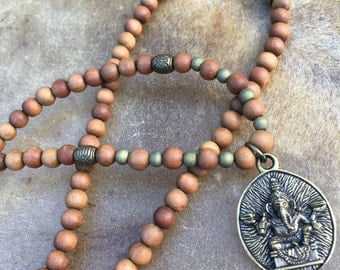 Simple Sandalwood Mala Mens Ganesha Necklace Sandalwood Mala Ganesha Pendant 108 Bead Sandalwood Mala Earthy Mala Mans Mala Necklace