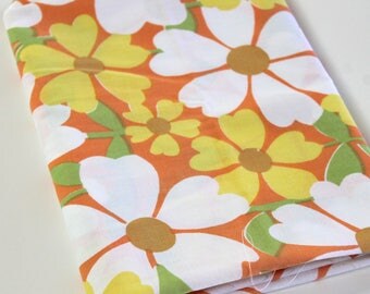 Vintage Sheet Fabric vintage reclaimed bed sheet linen fabric retro mod orange yellow white daisy floral quilting retro camper decor fabric