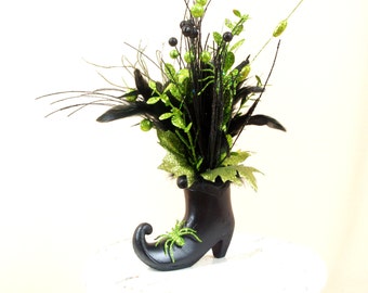 Black Witch Boot, Halloween Decor, Black and Green, Halloween Boot, Witch Decor, Table Decoration, Halloween Mantel, Centerpiece