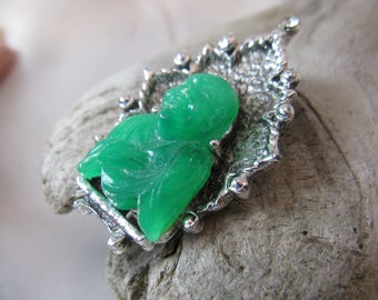 Vintage Faux Jade Buddha Brooch with Clear Rhinestone on Silvertone