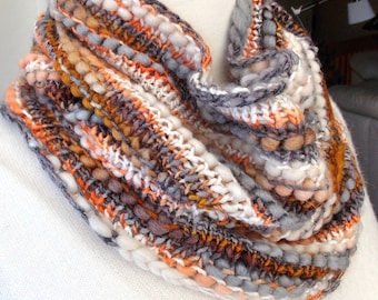 Bronze, Copper, Orange, Gray & White Hand Knit Cowl, Chunky Cowl, Collar Cowl, Neckwarmer, Brown Orange neck warmer, gift for her,