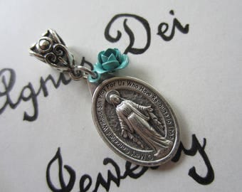 Miraculous Medal & Turquoise Rose Charm Pendant Necklace Virgin Mary Medal Blessed Mother Medal Catholic Jewelry Religious SPECIAL AUG SALE