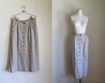 vintage linen skirt - NATURAL linen & cotton button front midi skirt / M-L