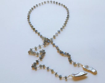Labradorite Lariat Necklace, Biwa Pearl Lariat Necklace, Labradorite Pearl Necklace, Wrapped Chain Necklace