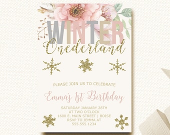 Floral Winter Onederland Invitation Snowflake invite Birthday Invitation Gold Blush Pink One First
