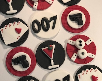 Fondant James Bond inspired Cupcake, Cake, Cookie Toppers Set of 12